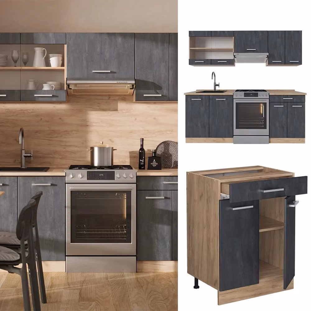 Mobile da cucina moderno Vicco R-Line in legno e MDF, colore Calce nera/Rovere dorato con piano Antracite, L: 200 cm, P: 60 cm, H: 81,6 cm – 2