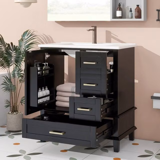 Mobile sottolavabo con lavabo in ceramica OKWISH nero, 3 ante, 1 cassetto e ripiano regolabile, L: 76 cm, P: 45,5 cm, H: 83,5 cm