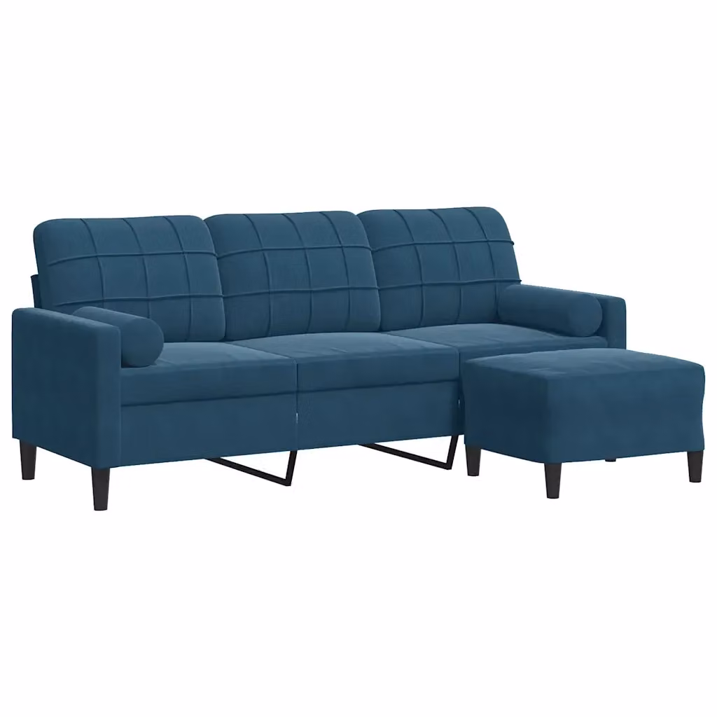Divano a 3 posti con poggiapiedi blu in velluto vidaXL con struttura in metallo L: 197 cm, P: 80 cm, H: 77 cm – 2