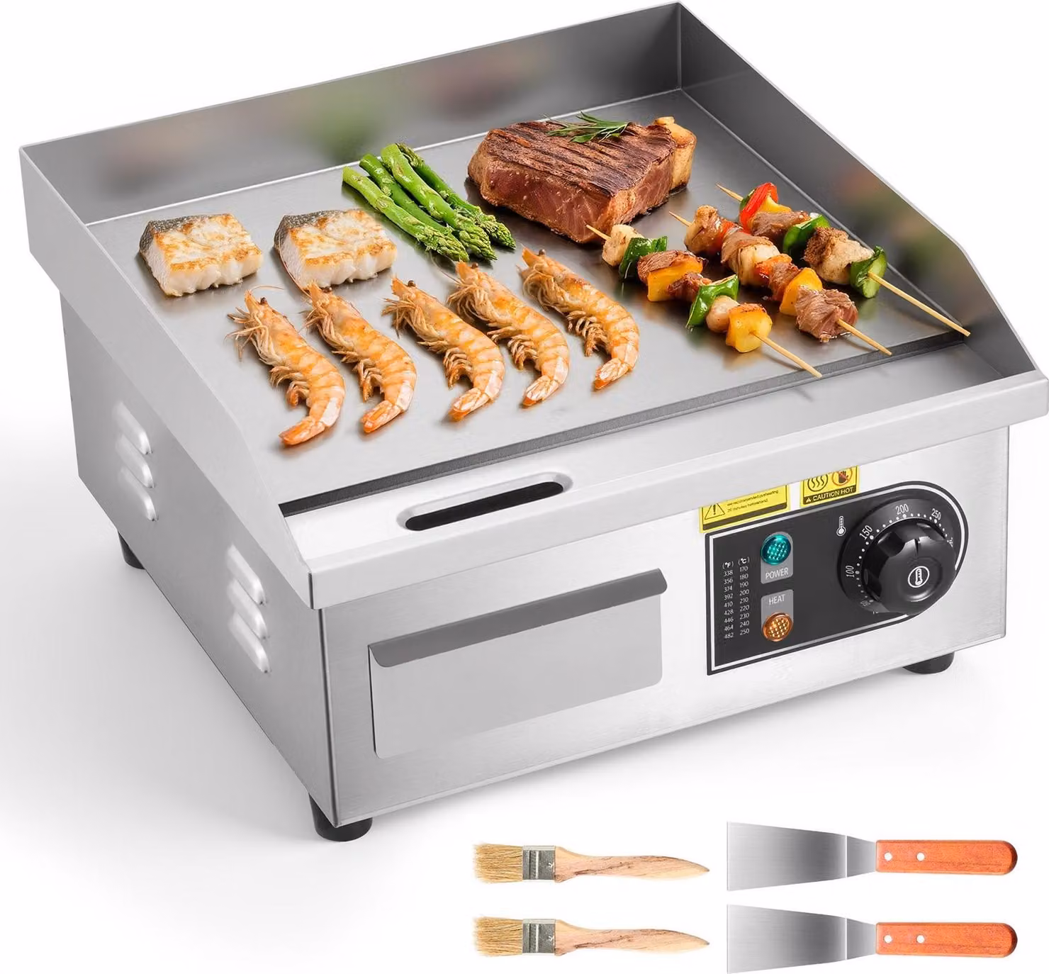 Piastra elettrica - Gastro-Plancha - Potenza 2000 W - Superficie di cottura 35,5 x 30 cm - Temperatura regolabile in continuo da 50 a 300 °C - Alloggiamento in acciaio inox - Accessori: 2 spatole, 2 spazzole