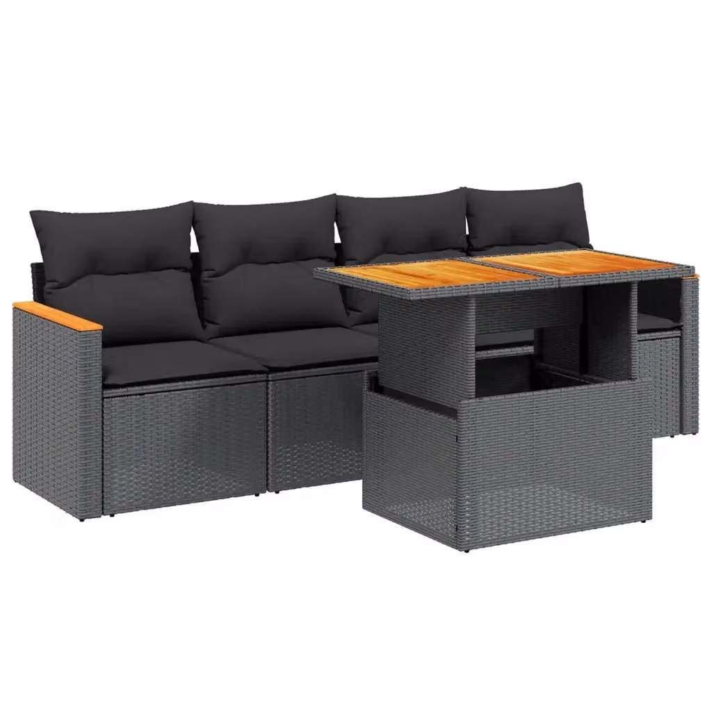 Set di Divani da Giardino vidaXL 5 Pezzi in Polyrattan Nero con Cuscini e Tavolino da Esterno – 2