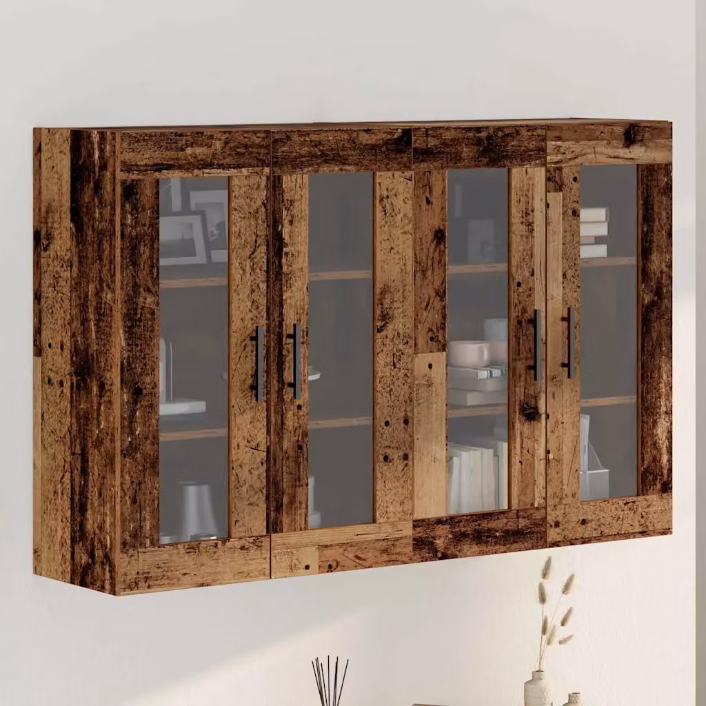 Set di 2 armadi da parete vidaXL in legno rustico marrone con ante in vetro, L/P/H: 69,5 x 34 x 90 cm