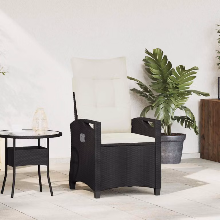 Sedia da giardino reclinabile vidaXL in rattan e metallo con braccioli, Nero e Beige, L: 56 cm, P: 60 cm, H: 112 cm