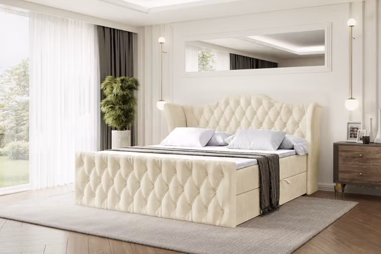 Letto boxspring ALTDECOR VILA-Z, letto imbottito con testiera, contenitore e pediera - Materasso a media rigidità (H3) - 160x200 - Velluto beige