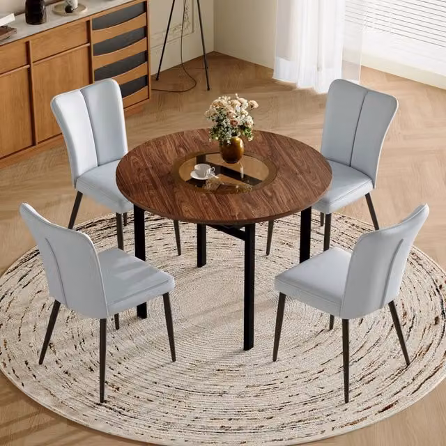 Set tavolo da pranzo rotondo MIVRAY con sedie in similpelle grigio, tavolo in MDF effetto legno con piano in vetro e struttura in metallo, stile moderno