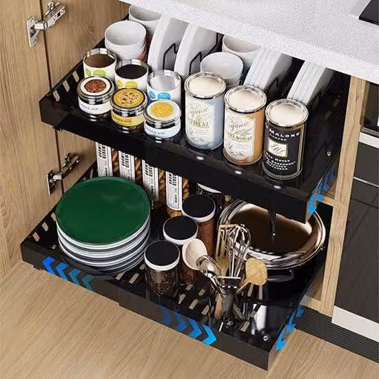 Organizzatori estraibili per cassetti, composti da 2 pezzi, con superficie adesiva, scomparti profondi da 53 cm ideali per l'interno dei mobili da cucina, 8 supporti per piatti, larghezza regolabile da 32 a 53 cm