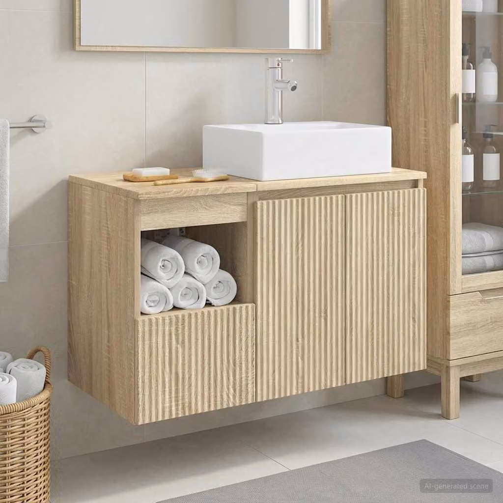 Set di mobili per il bagno vidaXL composto da mobile lavabo e mobile contenitore in legno color rovere marrone con design minimalista e montaggio a parete