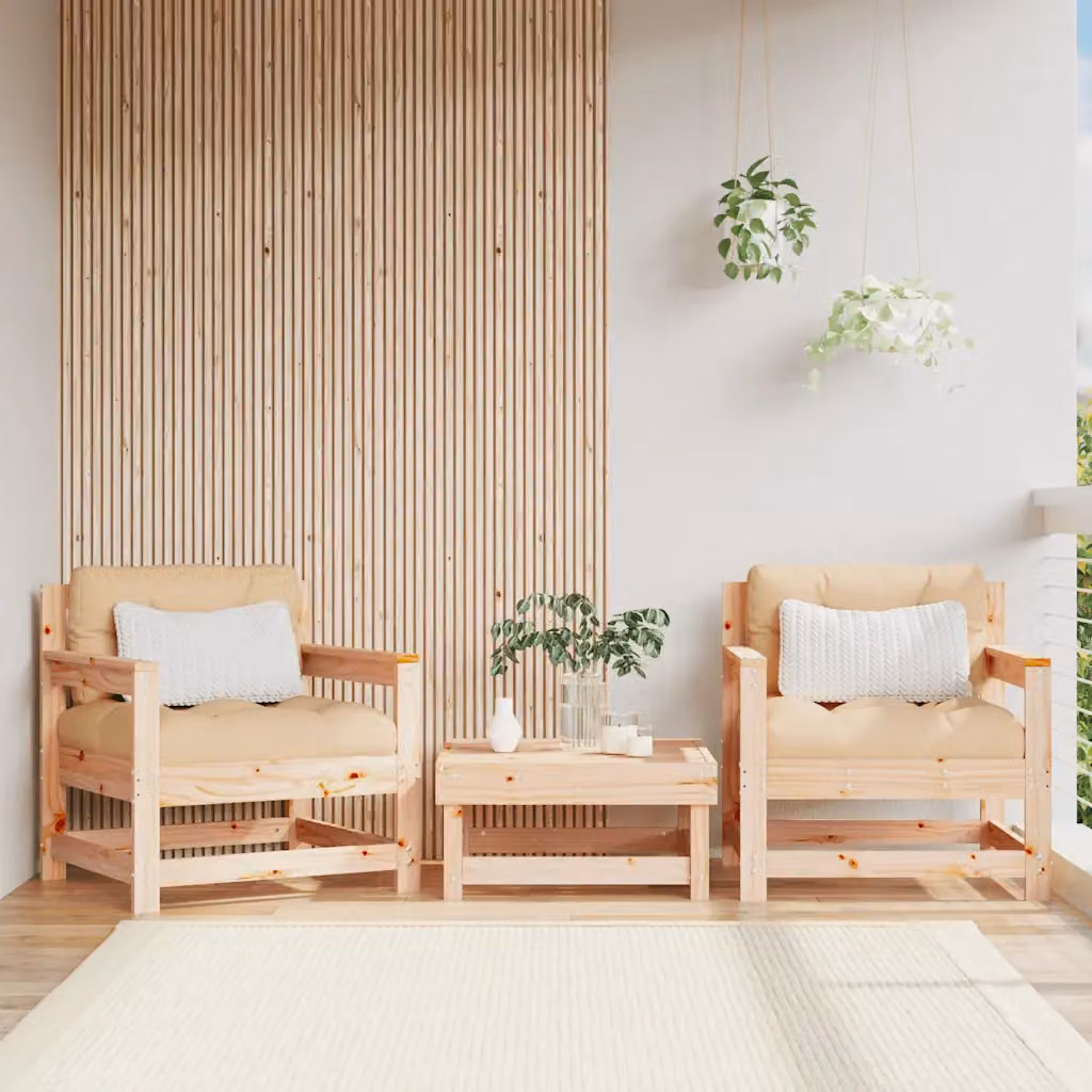 Set di 2 sedie da giardino vidaXL in legno di pino con cuscini beige e braccioli color marrone