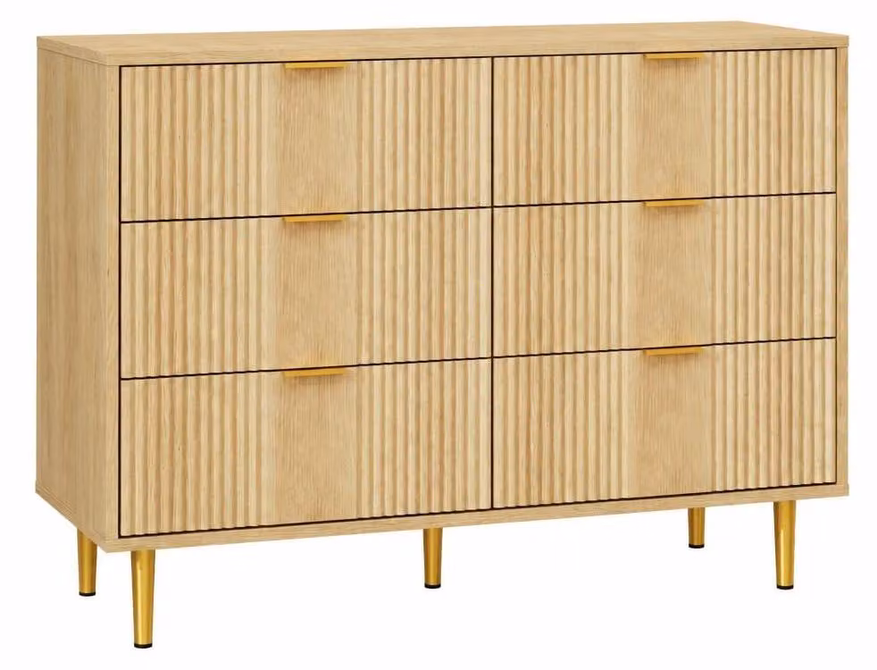 Set di 2 comodini con 6 cassetti, bordi arrotondati, mobiletto alto, finitura noce naturale