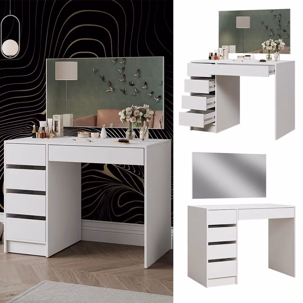 Tavolo da toeletta Thalia Vicco bianco con 5 cassetti L: 100 cm, P: 39,3 cm, H: 75,5 cm – 2