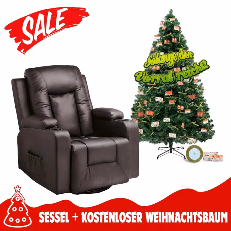 Poltrona relax + Set di decorazioni natalizie per albero artificiale. Poltrona TV con set di decorazioni natalizie. Poltrona regolabile con set di decorazioni per albero di Natale