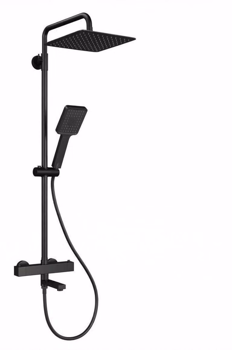 Set completo per sistema doccia con termostato, dotato di pulsante di sicurezza a 38°C, design quadrato, colore nero, realizzato in acciaio inossidabile, con scarico per vasca
