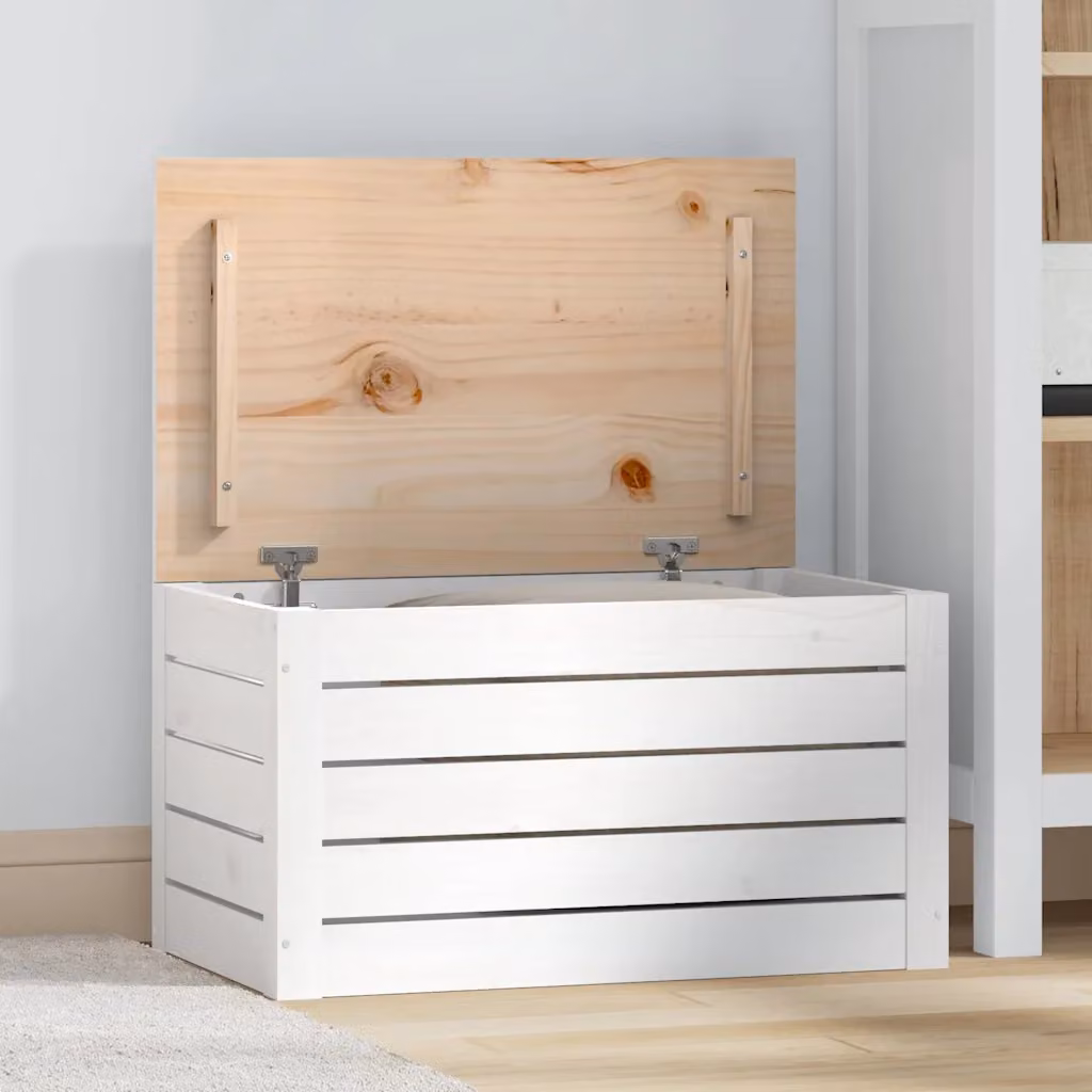 vidaXL Contenitore Portaoggetti in Legno di Pino Massello Bianco L: 59,5 cm, P: 36,5 cm, H: 33 cm