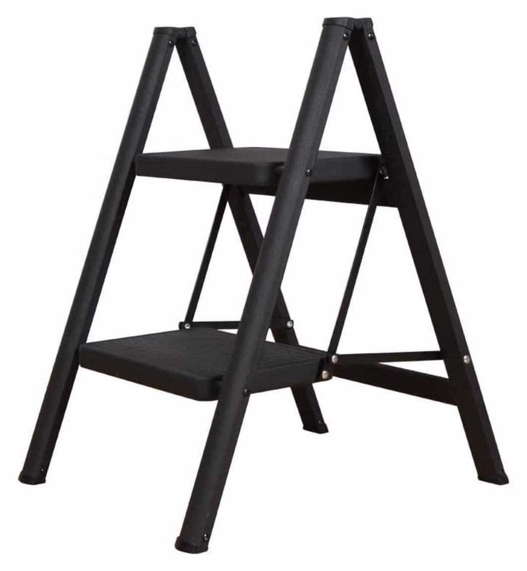 Scala a due gradini pieghevole, antiscivolo, con gradini larghi 20 cm, capacità di carico 150 kg, realizzata Acciaio al carbonio, colore nero