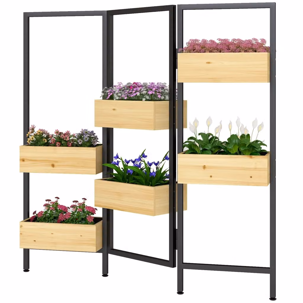 Paravent pieghevole XYLO con 6 vasi in legno e acciaio per esterno, colore marrone o nero, H: 112 cm, L: 20 cm, P: 20 cm – 2