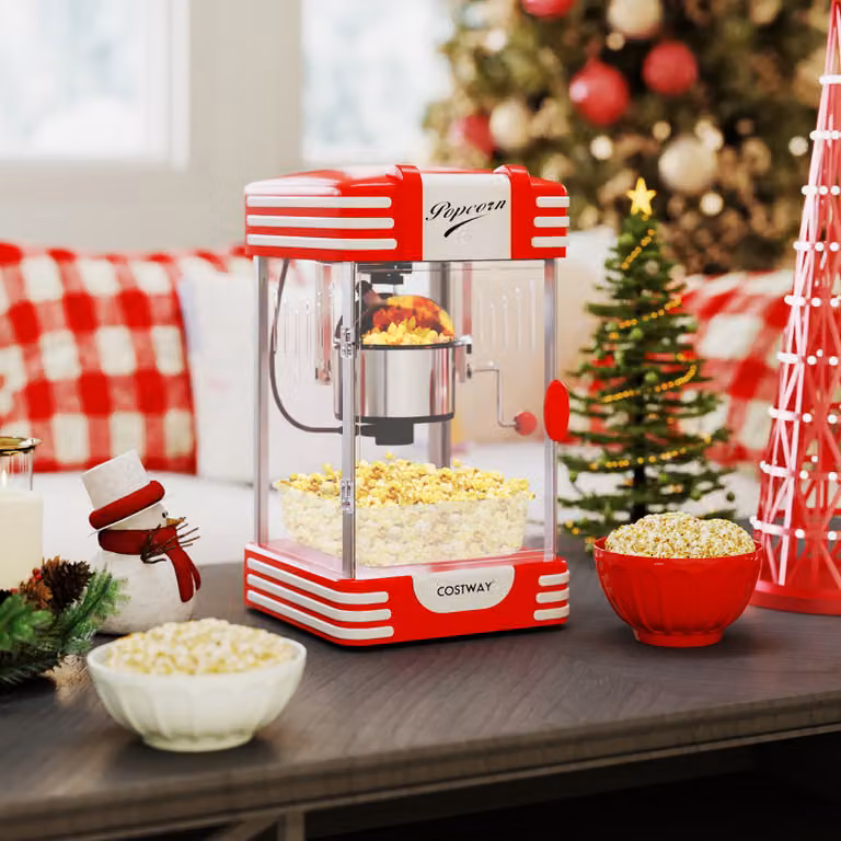 Macchina per popcorn Costway rossa con contenitore in acciaio inossidabile e dosatori per olio e chicchi