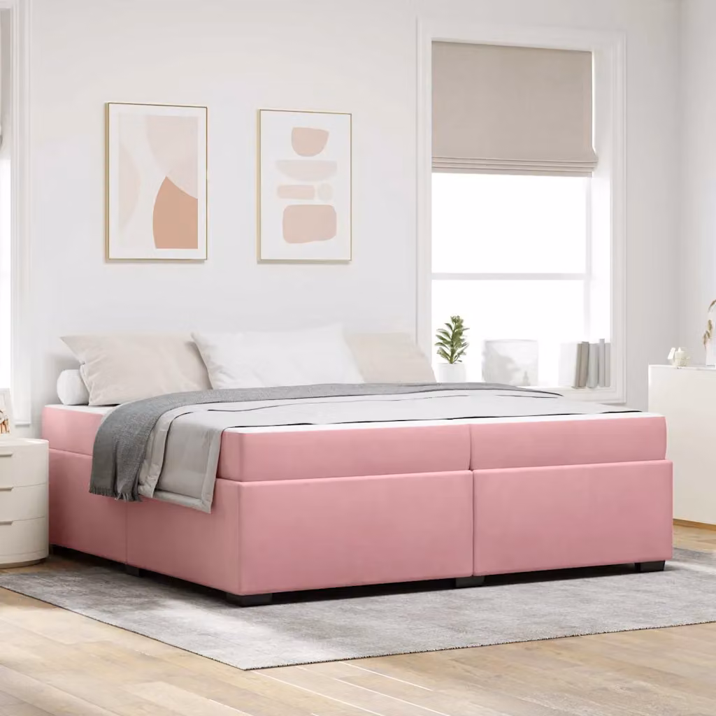Struttura del letto con materasso vidaXL in tessuto rosa e legno, L/P/H: 200 x 200 x 66 cm – 1