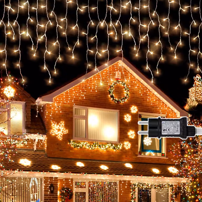 Ikodm, 200 LED, catena luminosa a forma di fiocchi di neve, 5 metri, luce bianca calda, 8 effetti luminosi con funzione di memorizzazione, decorazioni natalizie per finestre e feste