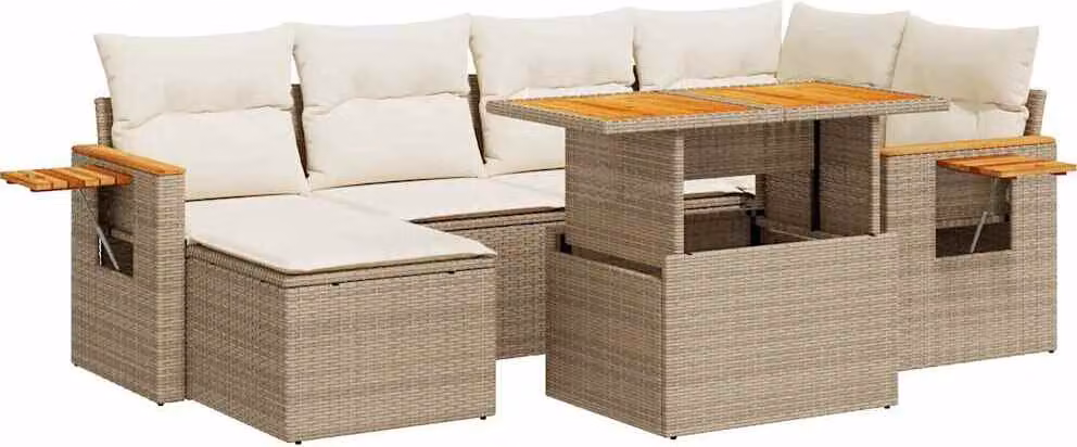 Set Divani da Giardino 7 pz con Cuscini Beige Polyrattan Acacia