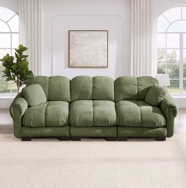 Divano 3 posti 260x86x90 cm in ciniglia verde con cuscini spessi -