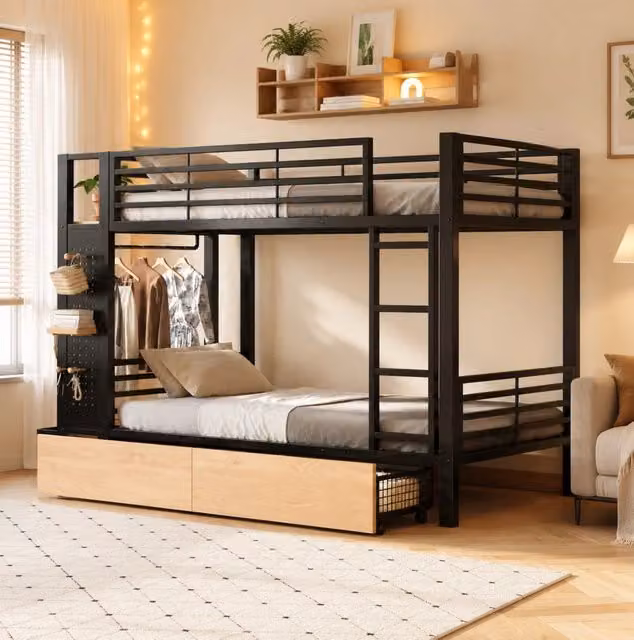 Letto a castello 90x200 cm in metallo e MDF nero con contenitori integrati -