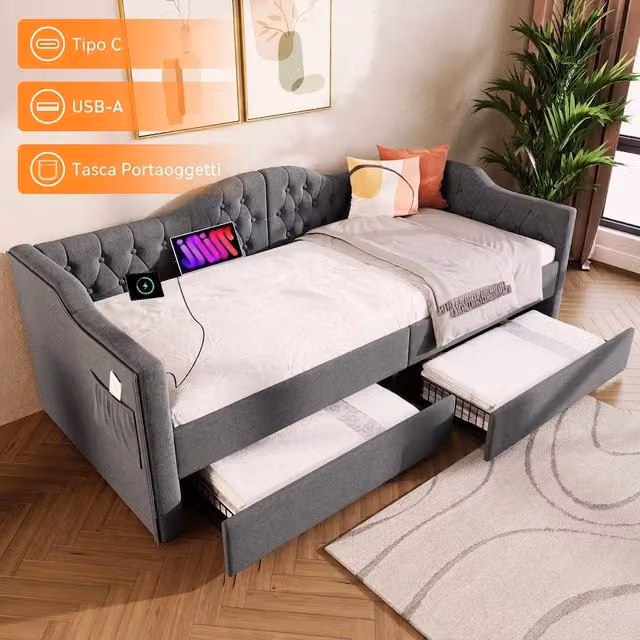 Divano Letto Singolo Vovees Living in Lino Grigio con 2 Cassetti e Porte di Ricarica USB/Type-C, L/P/H: 200 x 90 x 86.5 cm