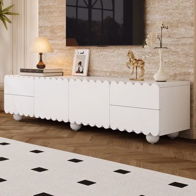 Mobile TV con ante e cassetti in MDF e pannello truciolare bianco; struttura rialzata 175 × 38 × 37 cm