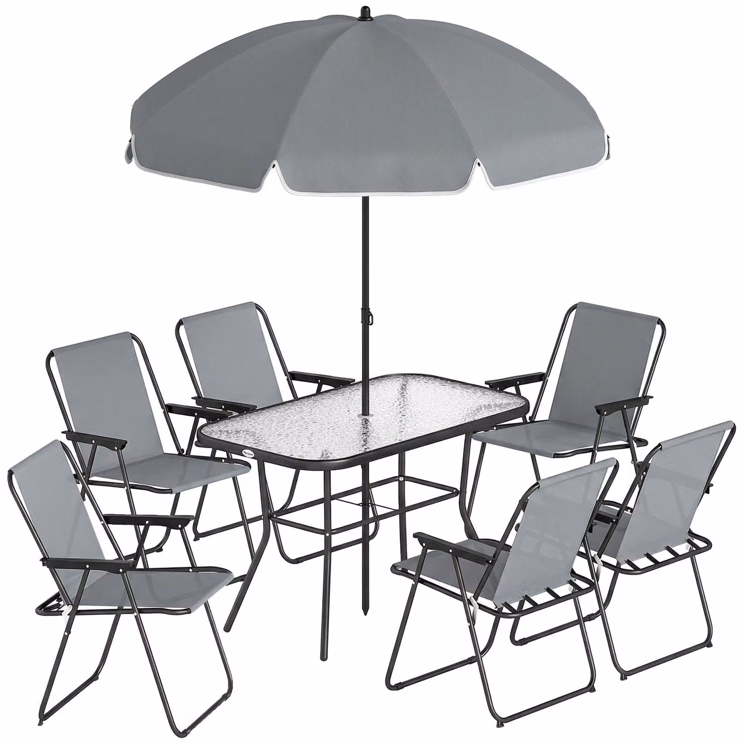 Set di mobili da giardino composto da 6 sedie pieghevoli, un tavolo e un ombrellone | Colore: Grigio | Dimensioni: 119x68x70 cm