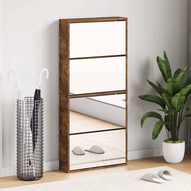 Scarpiera moderna vidaXL con specchio e scomparti basculanti in rovere marrone L: 63 cm, P: 17 cm, H: 134 cm – 1