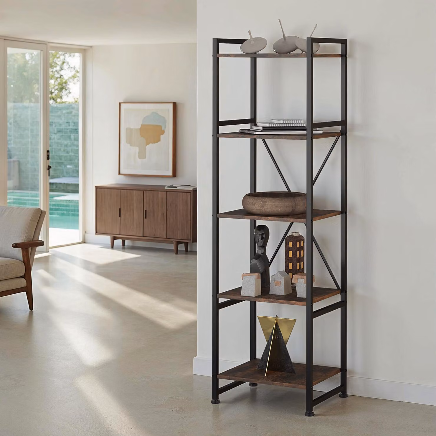 Scaffale Manchester Tectake in stile industriale in legno e metallo marrone, L: 76,7 cm, P: 34,5 cm, H: 151,5 cm – 2
