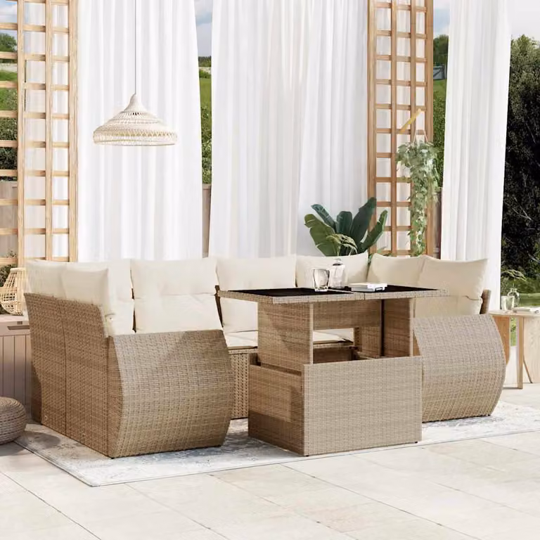 Set di divani da giardino vidaXL a forma di L composto da 7 pezzi con cuscini beige e tavolino da esterno in rattan e metallo