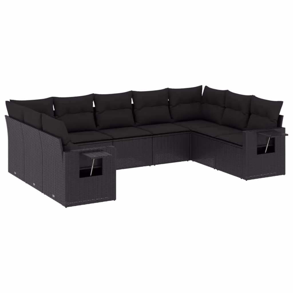 Set Divani da Giardino 9 pz con Cuscini Nero in Polyrattan