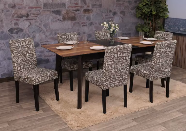 set di 6 sedie per sala da pranzo Sedia da cucina Littau ~ tessuto con scritte, grigio, gambe scure