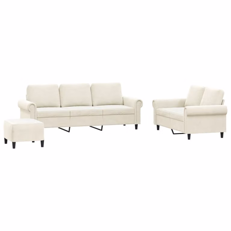 Set di Divani 3 pz con Cuscini Crema in Velluto