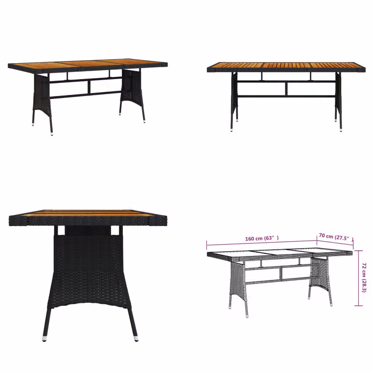 vidaXL Tavolo da giardino nero 160x70x72cm in poly rattan e legno massiccio di acacia - Tavolo da giardino - Tavoli da giardino - Tavolo da patio - Mobili da giardino
