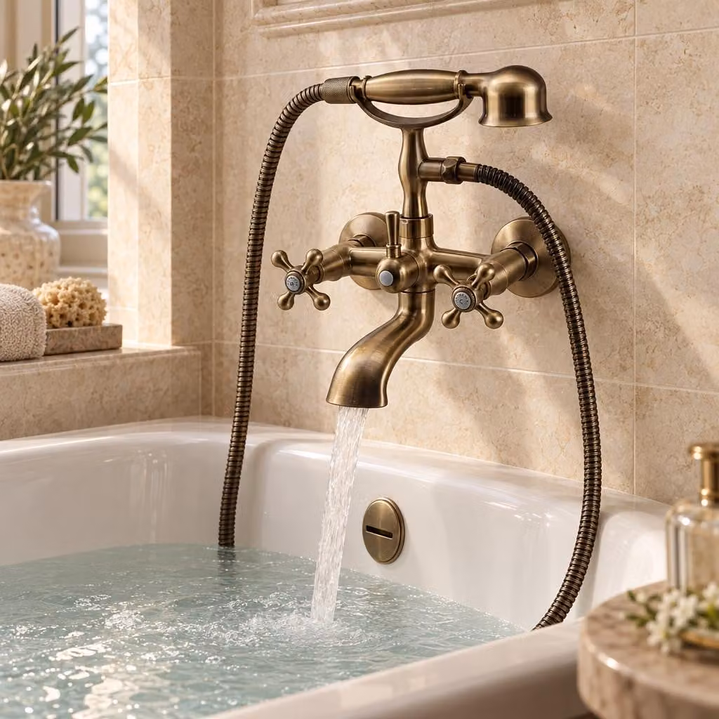 Miscelatore per vasca da bagno con doccetta manuale, finitura bronzo, modello Heritage Ascot, marca Aquanello