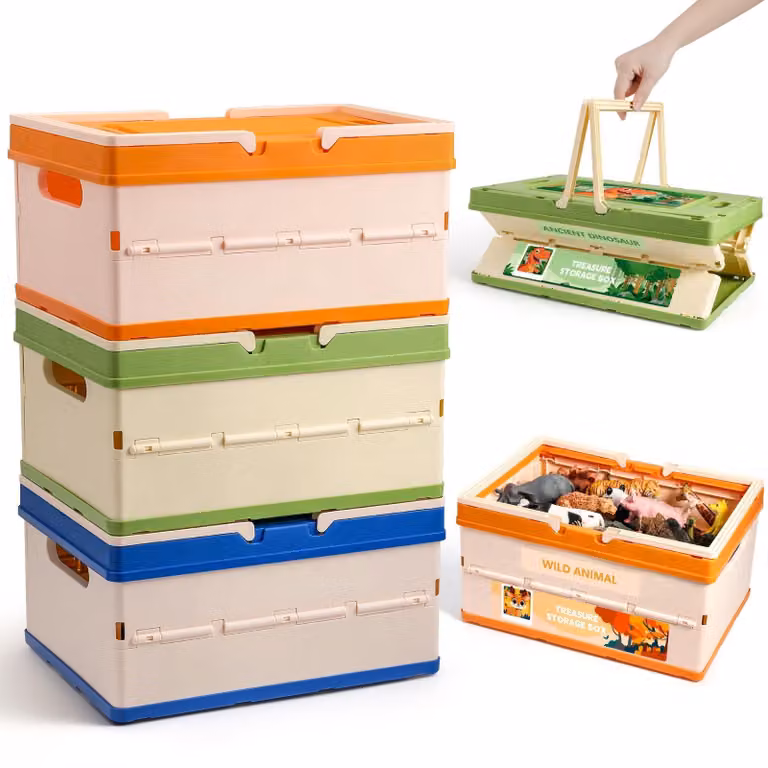 Set di 3 contenitori portaoggetti - Contenitori pieghevoli con coperchio - Scatola per giocattoli - Ideali per ufficio/stanza giochi - Dimensioni: 34,4 x 24,3 x 18,6 cm - Facili da assemblare - Contenitori portaoggetti