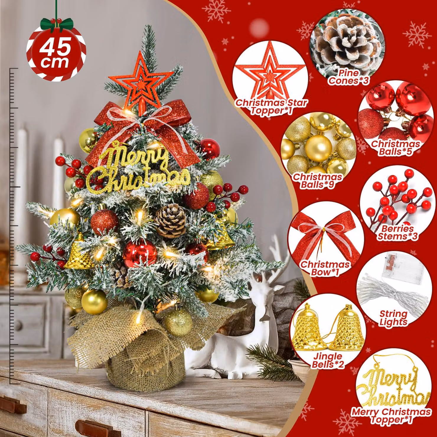 Albero di Natale artificiale, mini, con luci LED effetto neve, decorazione rossa, 45 cm