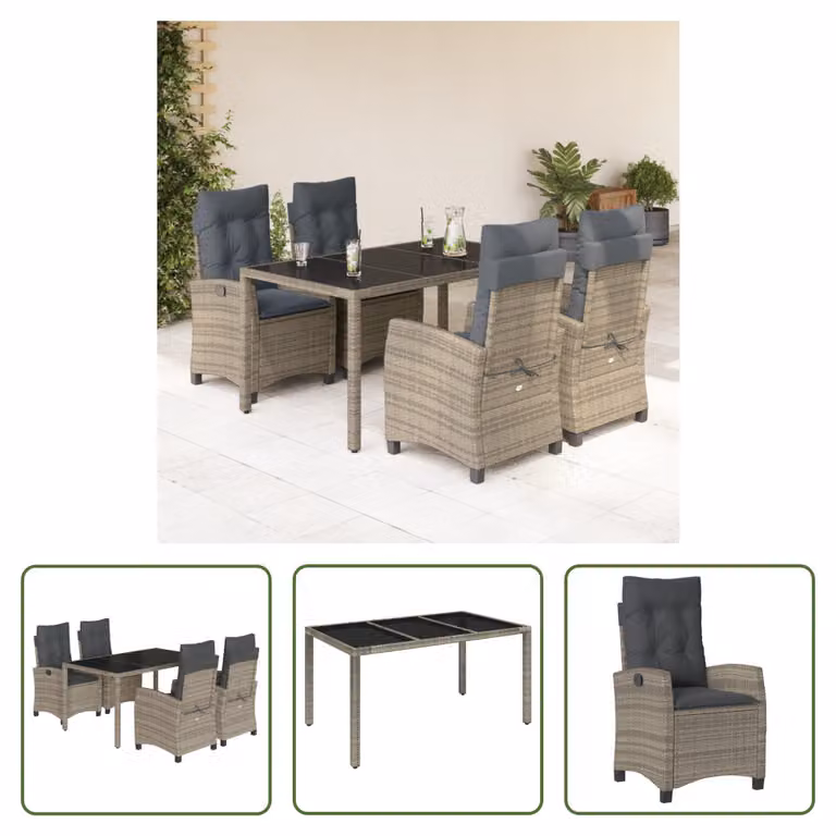 The Living Store Set da pranzo da giardino 5 pezzi con cuscini in poly rattan grigio