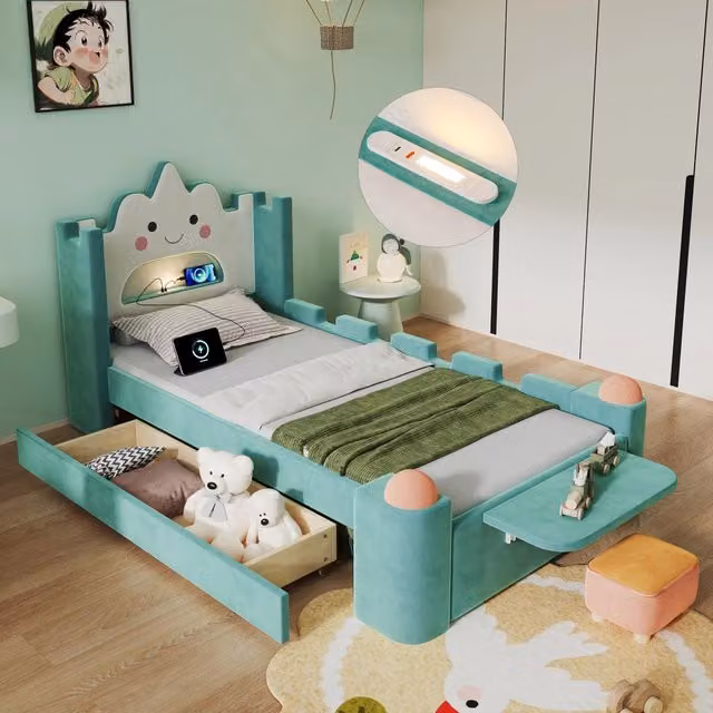 letto imbottito velluto blu verde 90x200 cm