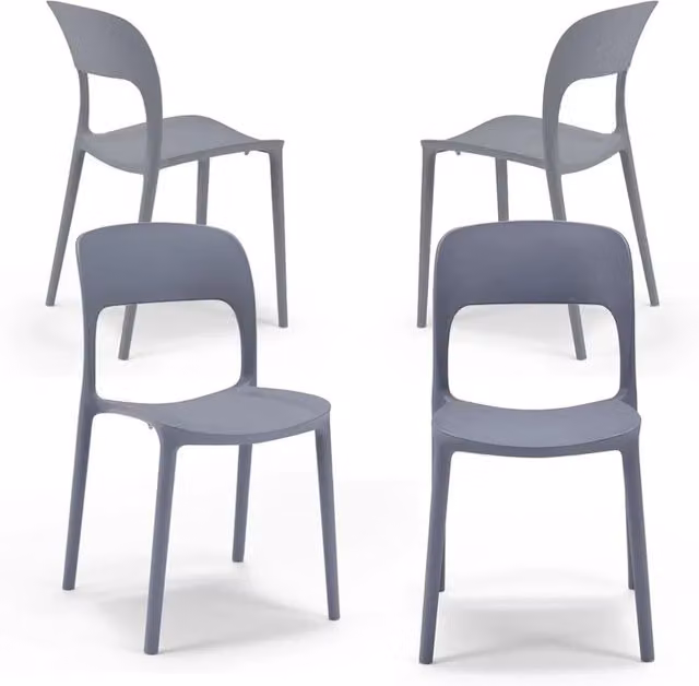 Set 4 sedie in polipropilene KATE, impilabile, resistente ai raggi UV, design moderno, ideale per sala da pranzo, cucina, sala d’attesa, bar, ristoranti o da esterno, colore Grigio Asfalto