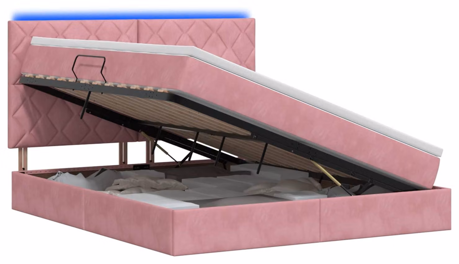 Letto imbottito con tecnologia LED e materasso rosa, dimensioni 160 x 200 cm, rivestito in velluto