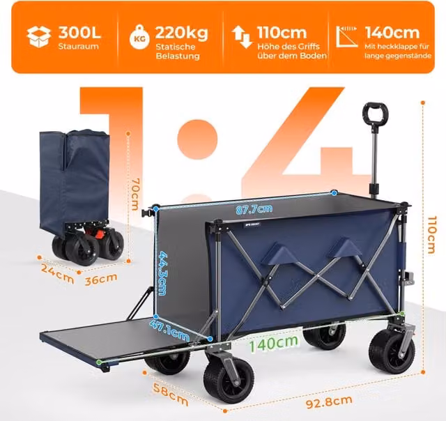 CARRELLO PIEGHEVOLE 140 cm in acciaio e tessuto Oxford Blu Grigio con sponda estensibile