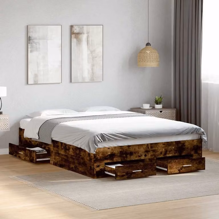 vidaXL Giroletto con Cassetti in Legno Rovere Fumo, L/P/H: 200 x 120 x 32 cm