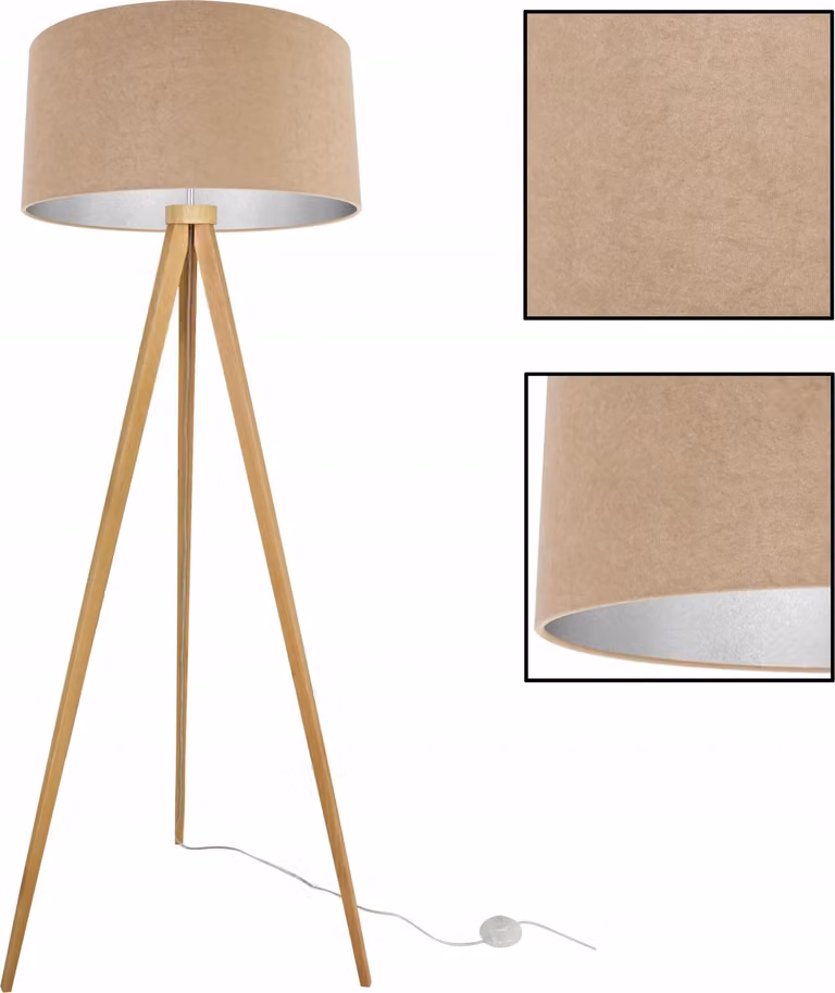 Lampada da terra, treppiede, cromo, paralume in velluto