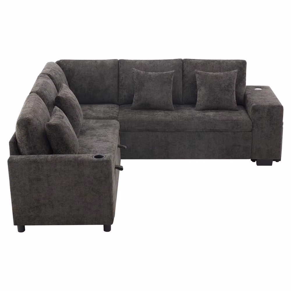 Divano letto angolare estraibile Minimal grigio in tessuto con contenitore, porte USB e cuscini inclusi – 2