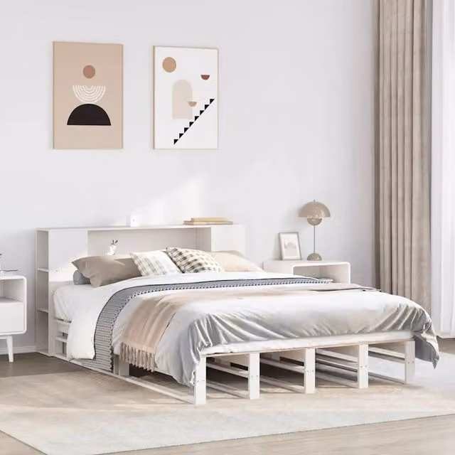Letto Libreria senza Materasso-Struttura Letto con contenitore Bianco 150x200 cm Legno Massello