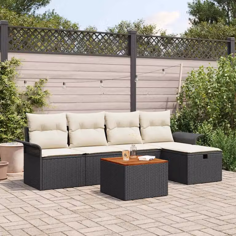 Set Divano da Giardino a L vidaXL 6 pz Nero con Cuscini e Tavolino in Rattan e Metallo