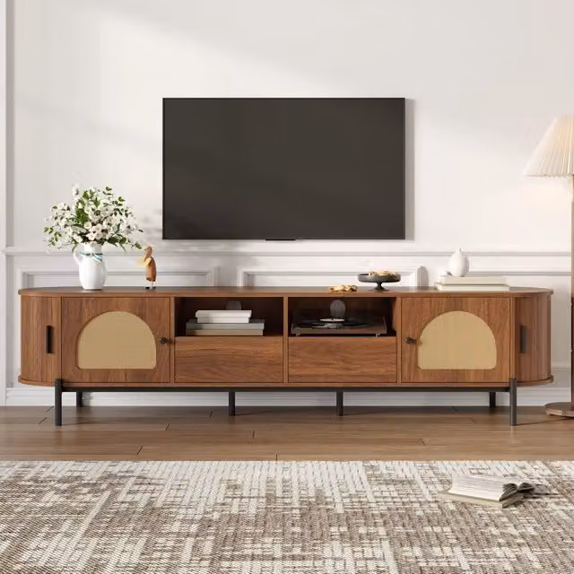 Mobile porta TV ovale con ante scorrevoli 2 ante 2 cassetti e vani aperti in MDF noce per soggiorno 200 × 40 × 49,5 cm
