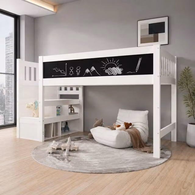 Letto a soppalco 90x200 cm con scala contenitore; MDF e legno massello; bianco